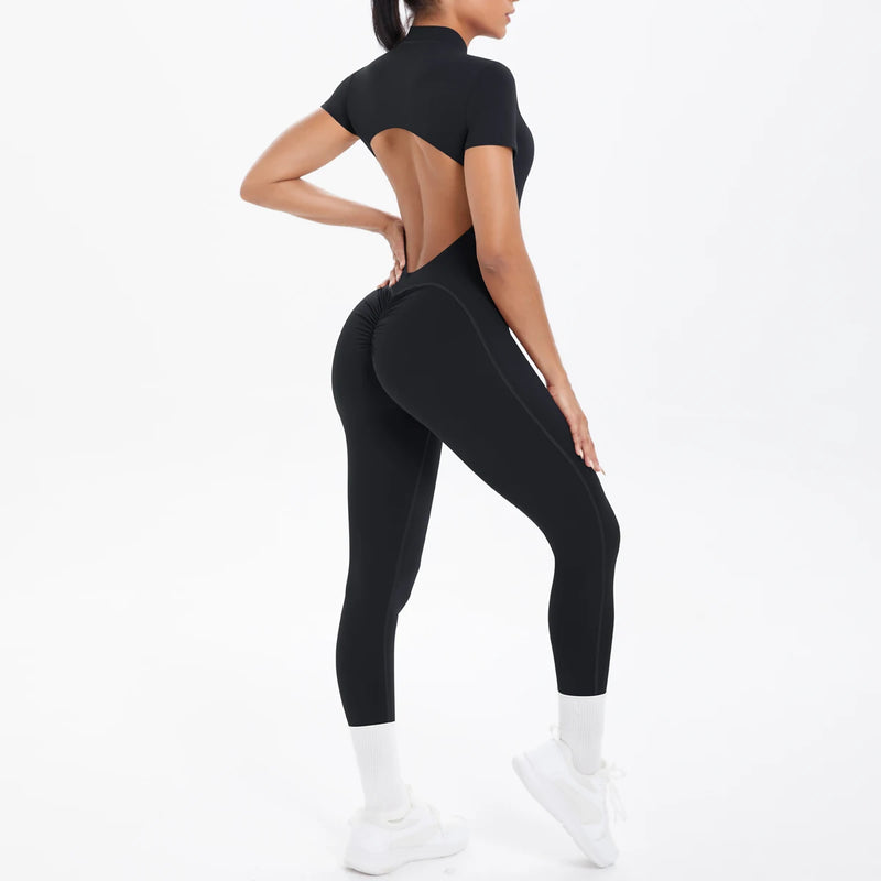 Macacão Fitness Feminino – Body de Manga Curta, Costas Abertas, Cor Lisa, Detalhe Franzido, Zíper Frontal, Conjunto de Yoga e Academia