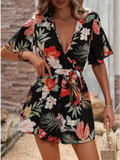Macacão Feminino Estampado – Decote V, Manga Curta, Cintura Alta, Solto e Confortável para Verão/Praia