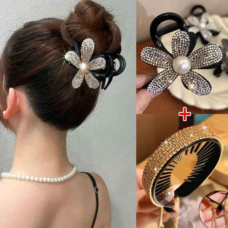 Clipes de Cabelo Koreanos com Strass – Presilha Elegante Preta para Mulheres e Pôneis