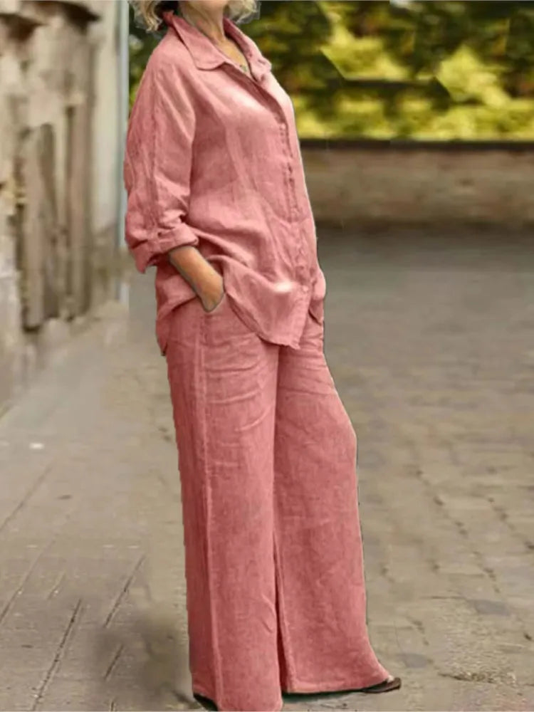 Conjunto Feminino de Algodão e Linho – Blusa de Manga Longa e Calça Pantalona Conjunto elegante e confortável para primavera e outono, composto por blusa de manga longa e calça de perna larga em algodão e linho