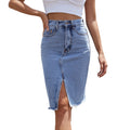 Saia Jeans Feminina Midi – Fenda Frontal, Bolsos, Cintura Alta, Zíper, Casual 2025