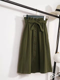 Saia Midi Feminina – Cintura Alta, Botões e Plissada Estilo Coreano