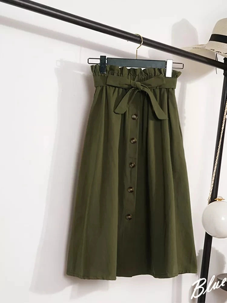 Saia Midi Feminina – Cintura Alta, Botões e Plissada Estilo Coreano