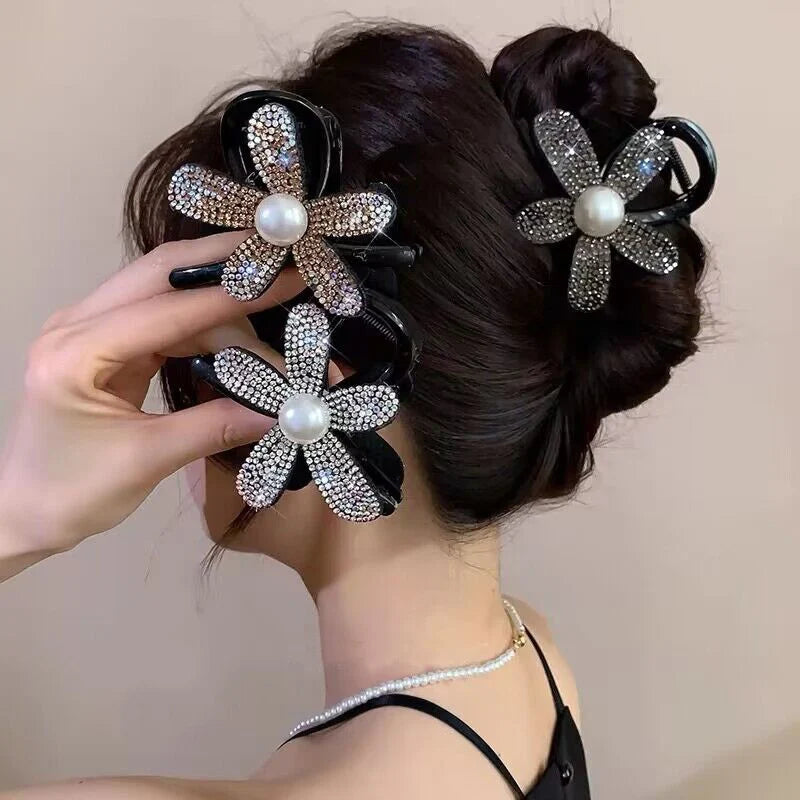 Clipes de Cabelo Koreanos com Strass – Presilha Elegante Preta para Mulheres e Pôneis