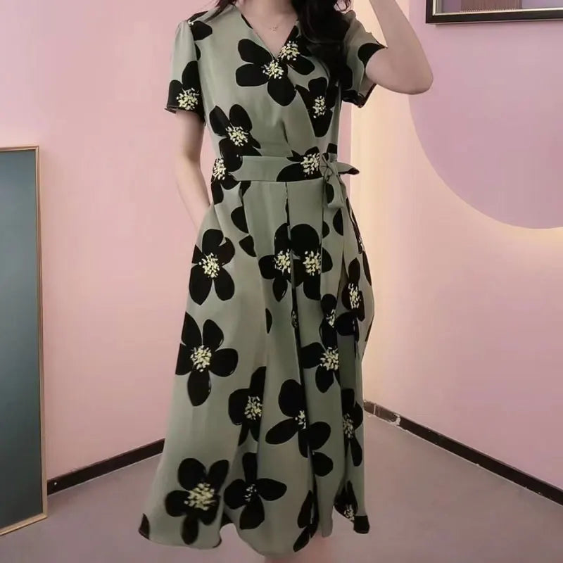 Vestido Feminino – Estampa Floral Fashion, Casual, Decote em V, Pregas na Cintura, Elegante, A-Line, Tipo Bandagem, Verão, Manga Curta, Comprimento Midi.