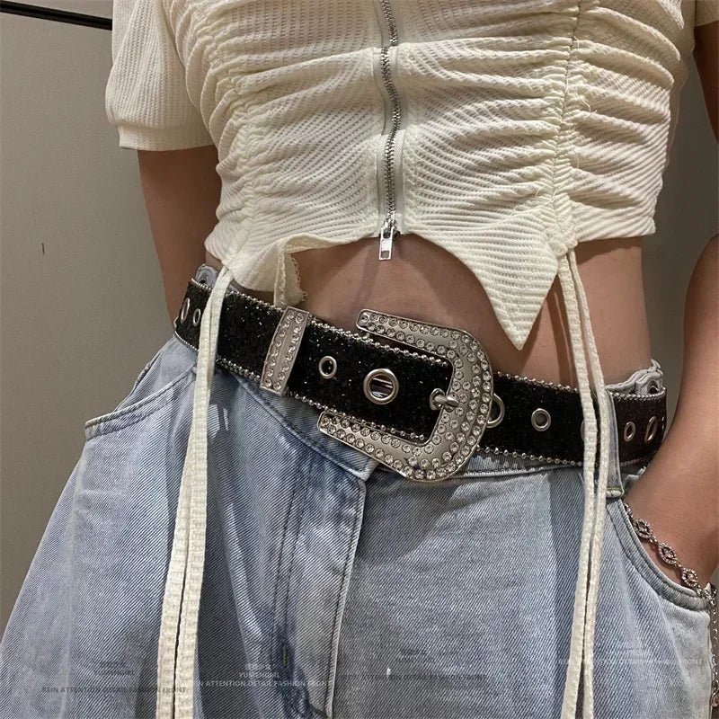 Cinto Feminino Y2K – Estilo Fashion com Strass, Couro PU e Ajustável para Festa