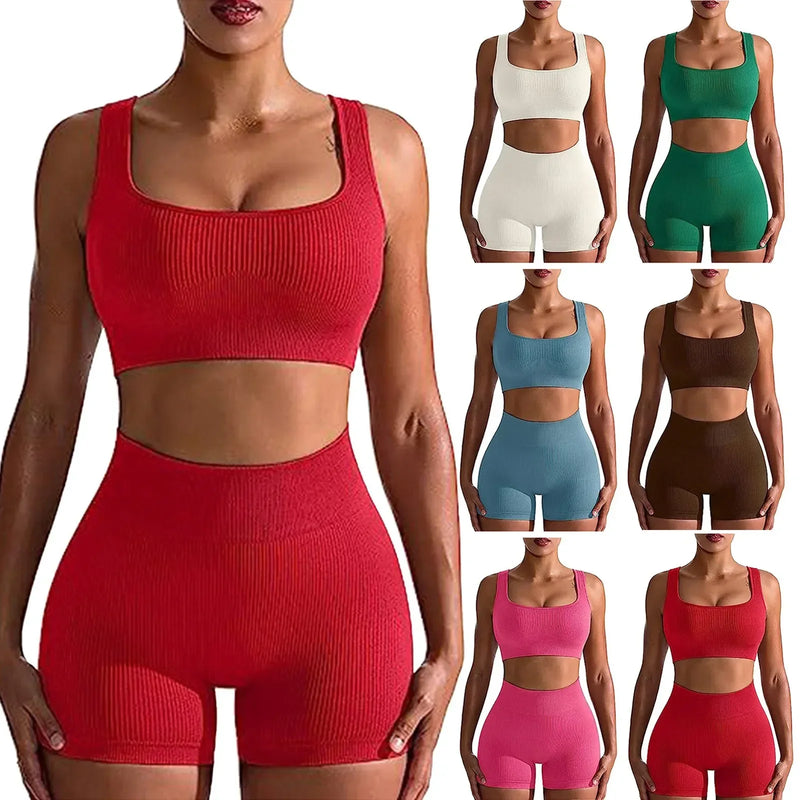 Conjunto Fitness Feminino 2025 – Top Cropped e Shorts de Cintura Alta