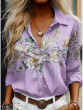 Blusa Feminina de Verão com Estampa Floral – Gola Lapela e Manga Longa  Design feminino com estampa de flores delicadas  Gola com lapela, adicionando toque clássico e elegante  Manga longa, ideal para proteção solar leve e estilo casual