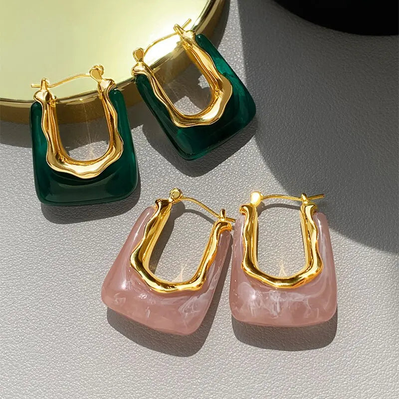 Brincos Femininos em Resina Transparente Verde e Rosa – Design Geométrico Irregular, Modernos para Festa