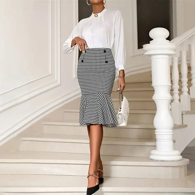 Saia Elegante Feminina – Estampa Pied de Poule, Comprimento ao Joelho, Cintura Alta