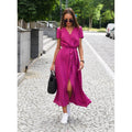 Vestido Feminino de Verão – Estampado, Decote em V, Cinto, Manga Curta, Saia Midi com Fenda e Renda