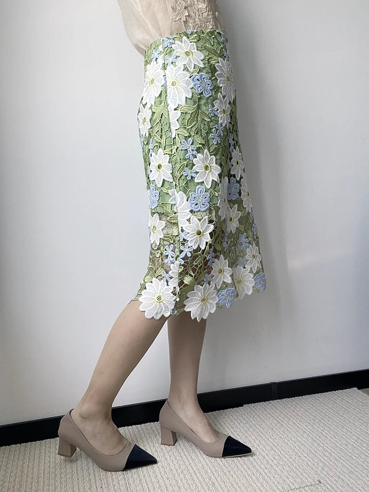 Saia Lápis Feminina JIAMI – Renda Bordada Floral, Verde, Comprimento ao Joelho, A-line, Vintage, Elegante