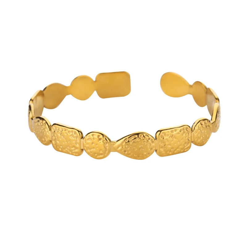 Bracelete Feminino Clássico com Padrão Relevo – Pulseira Cuff em Aço Inoxidável Dourado, Presente Elegante