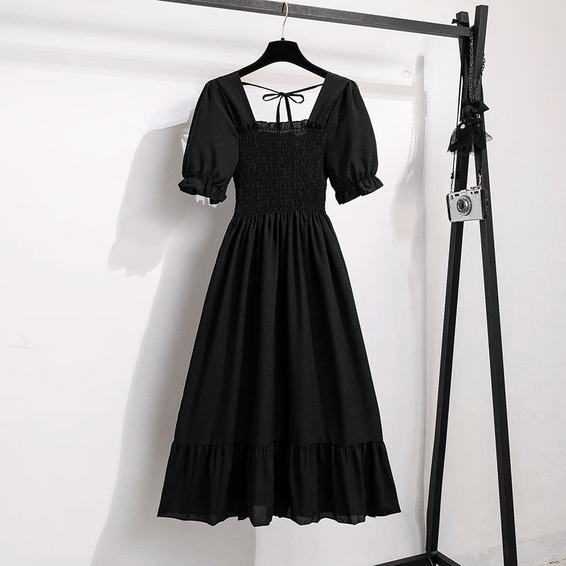 Vestido Feminino Chiffon Primavera Verão – Manga Curta, Cintura Elástica e Saia Plissada