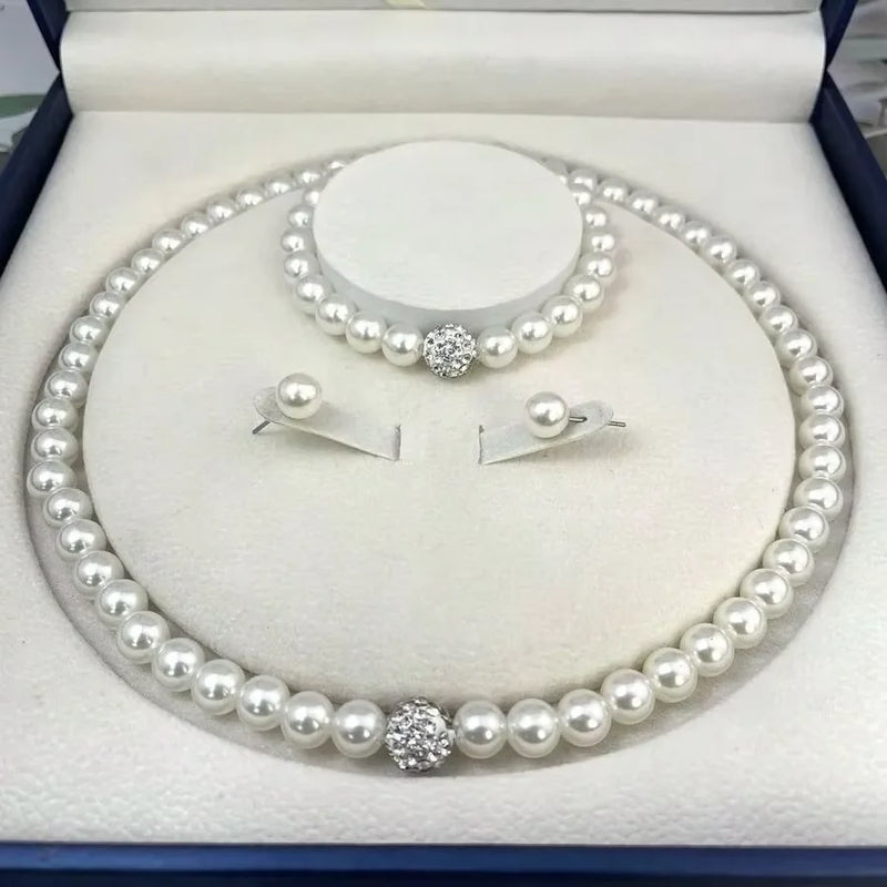 Conjunto de Joias Femininas 3 Peças – Colar, Pulseira e Brincos com Pérola Imitada e Cristais, Prateado, Elegante