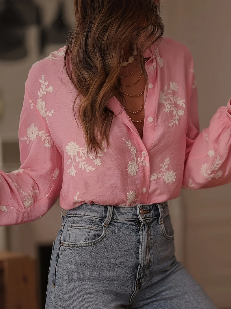Blusa Feminina de Outono com Bordado – Manga Longa e Gola Lapela