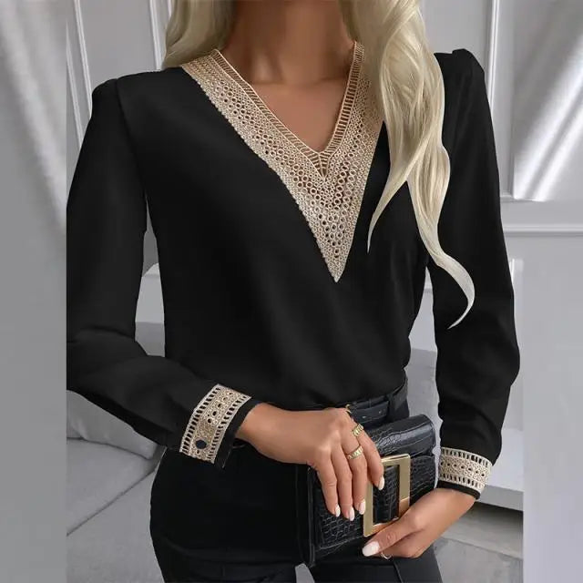 Camisa Feminina Elegante em Renda – Decote V, Manga Longa e Estilo Casual de Outono  Design elegante com decote em V, perfeito para looks sofisticados  Detalhes em renda, adicionando charme e delicadeza  Manga longa, ideal para conforto e estilo casual