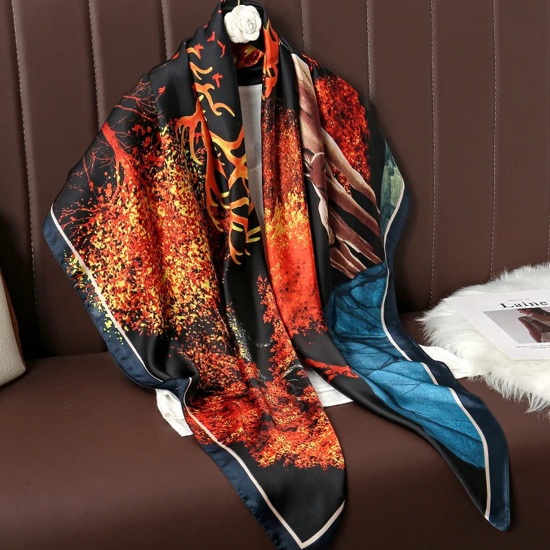Lenço Grande de Seda 110cm – Echarpe Feminina Estampada, Hijab, Bandana, Foulard e Acessório de Praia