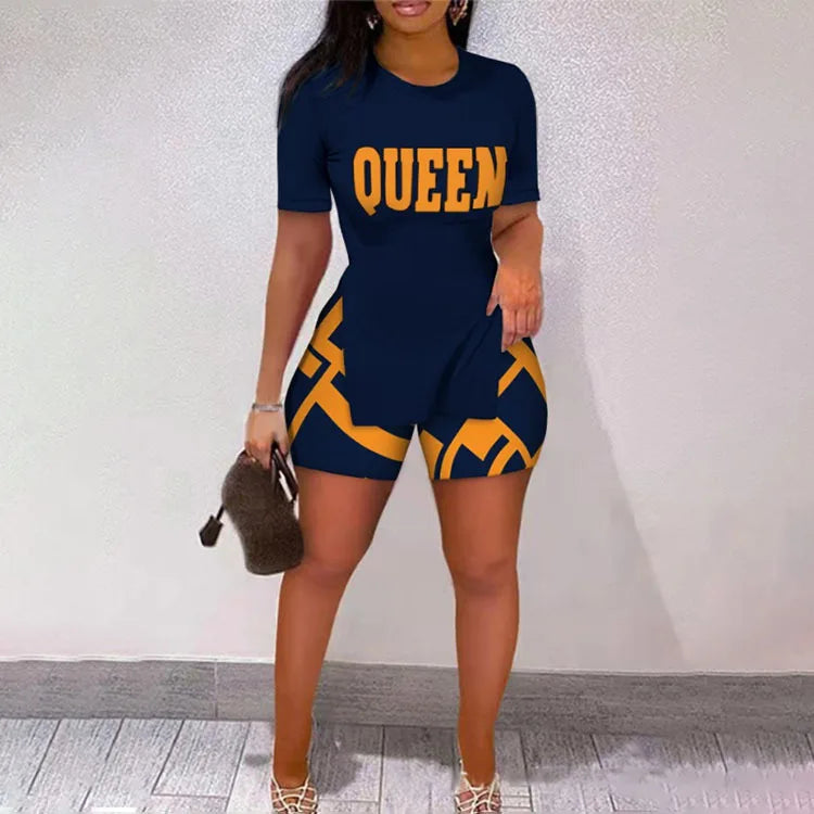 Conjunto Feminino Casual de Verão – T-Shirt Slim de Manga Curta + Shorts Estampados, Conjunto 2 Peças com Shorts Estreitos Estilo Leopardo