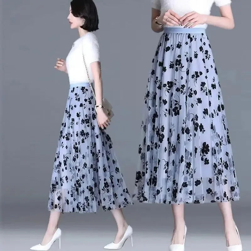 Saia de Gaze Floral – Estilo Meia Fada, Primavera/Verão