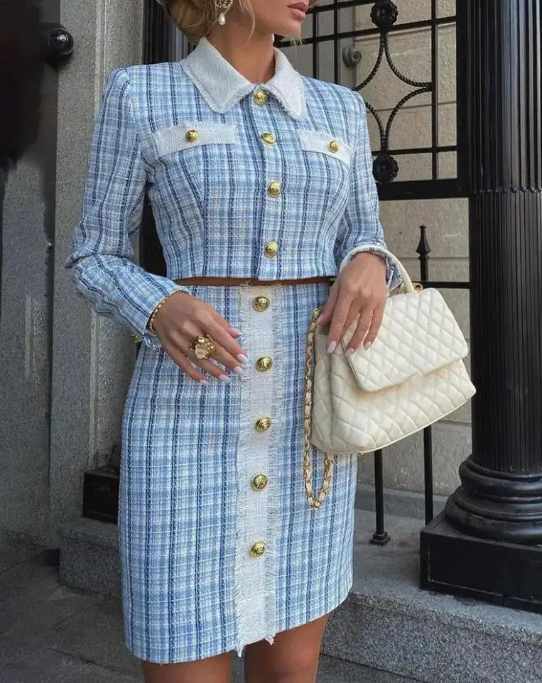 Conjunto Feminino Elegante – Casaco Tweed e Saia Midi Slim Fit
