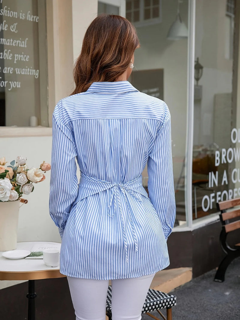 Camisa Listrada Feminina 2024 – Estilo Verão, Casual e Elegante, Corte Fino