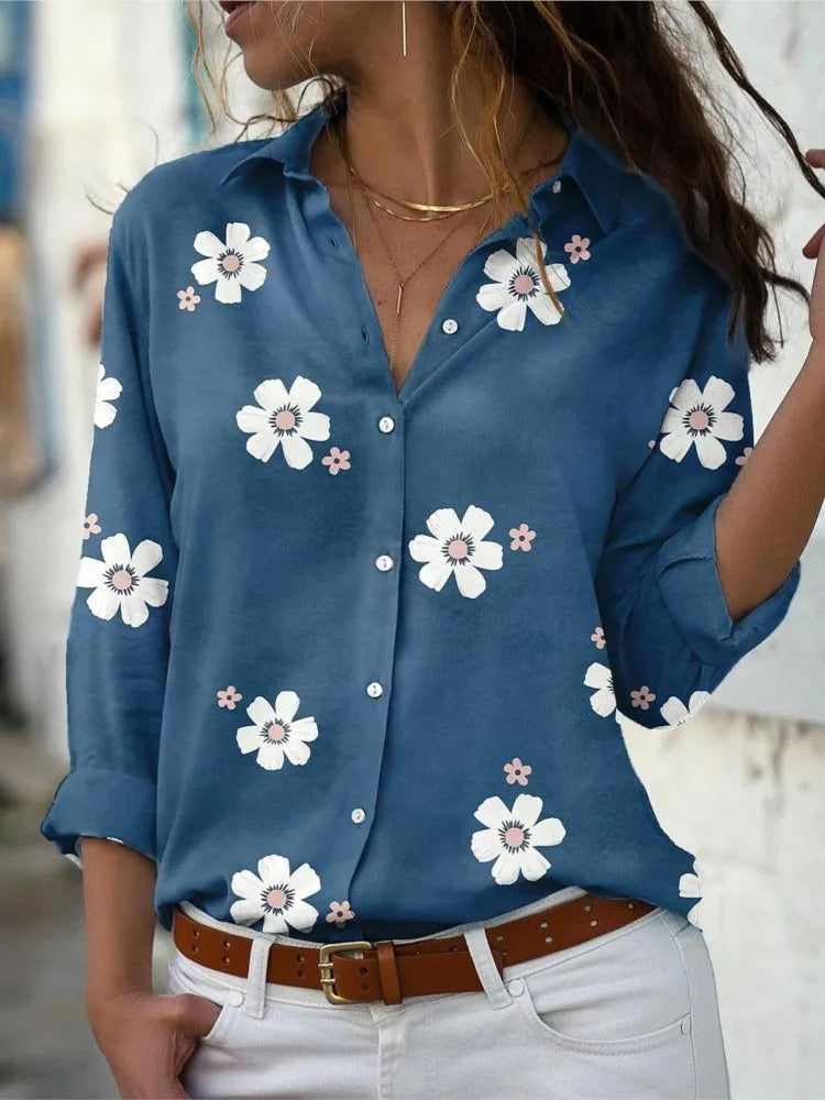 Camisa feminina leve e confortável para primavera e verão, com estampa floral, gola lapela e mangas longas. Modelo slim fit com botões frontais, ideal para looks casuais elegantes, trabalho ou passeios diários.