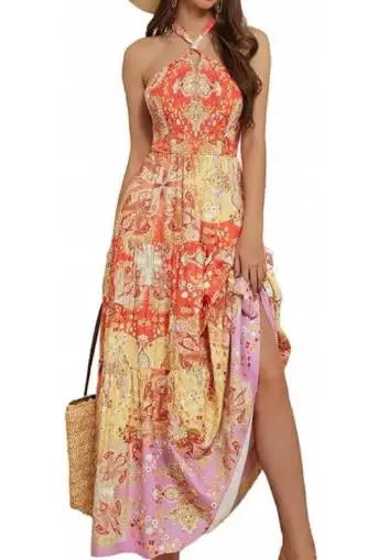 Saia Longa Feminina de Verão – Tomara que Caia e Alças Expostas, Estampada, Elegante e Sexy, Costas Nuas, Vestido com Decote Halter.