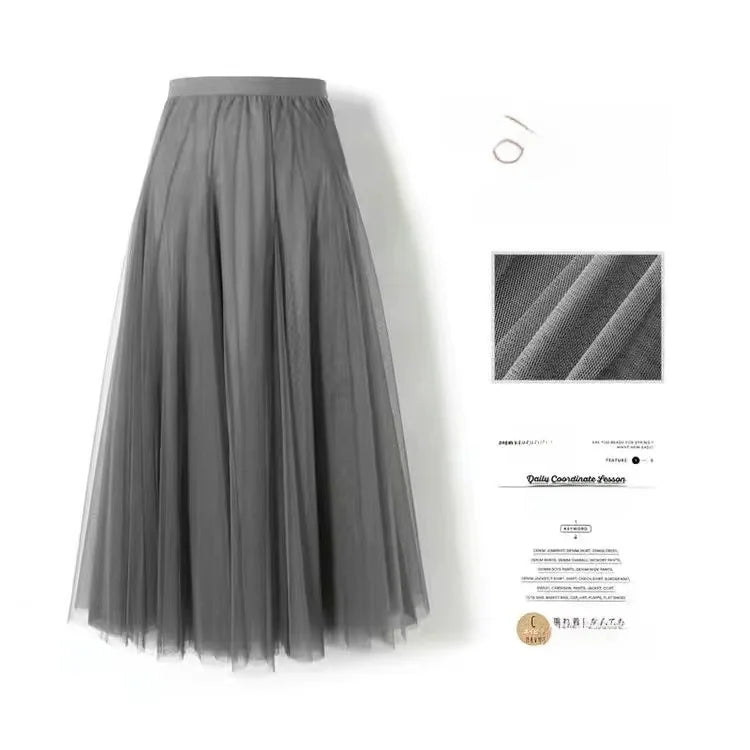 Saia Midi A-Line de Cintura Alta para Mulheres – Saia Rodada em Tule, Casual e Versátil