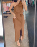 Conjunto Feminino 2025 – Top Sem Manga e Vestido Fenda com Estampa 3D