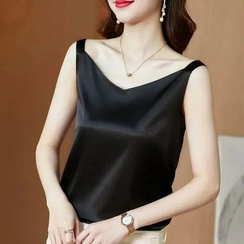 Blusa Feminina Coreana de Seda – Satin com Bordado em Renda e Estampa – Decote V