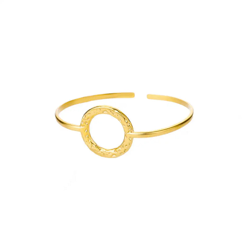Bracelete Feminino Clássico com Padrão Relevo – Pulseira Cuff em Aço Inoxidável Dourado, Presente Elegante