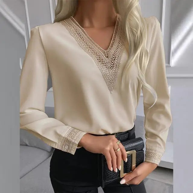 Camisa Feminina Elegante em Renda – Decote V, Manga Longa e Estilo Casual de Outono  Design elegante com decote em V, perfeito para looks sofisticados  Detalhes em renda, adicionando charme e delicadeza  Manga longa, ideal para conforto e estilo casual