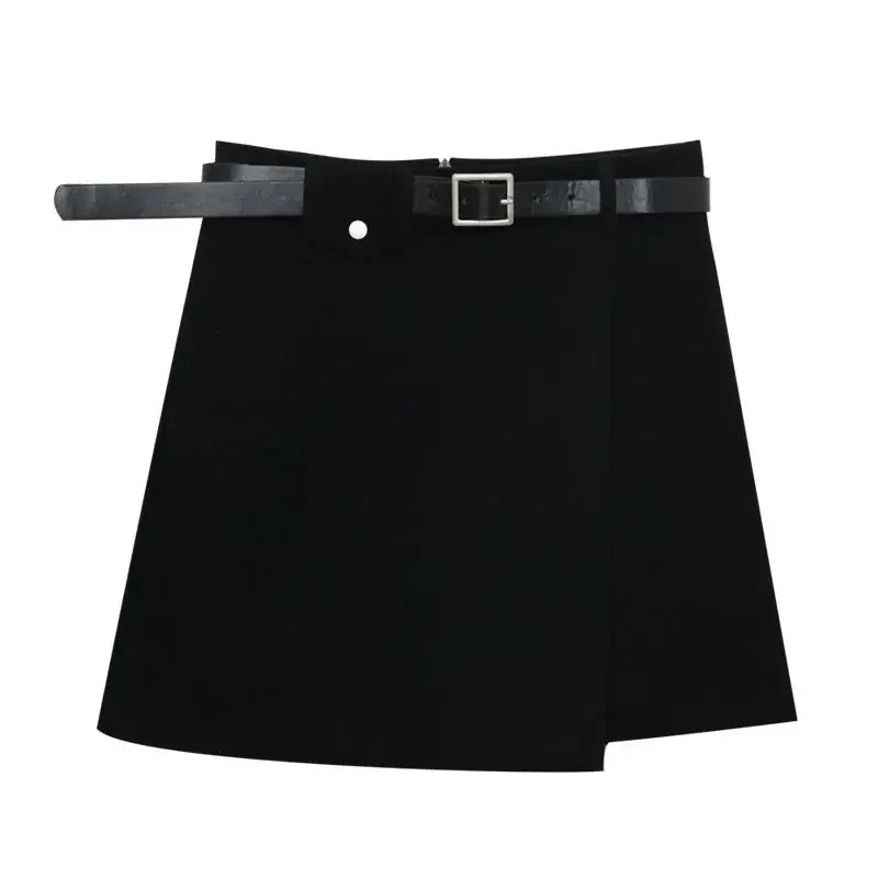 Saia A-Line Feminina com Cinto – Outono/Inverno, Cintura Alta, Preta