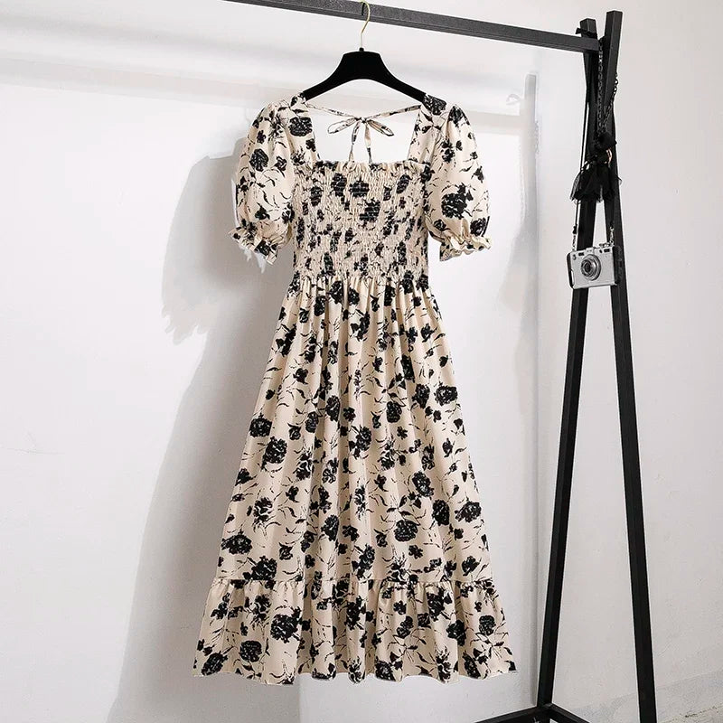 Vestido Feminino Primavera/Verão Chiffon Manga Curta Cintura Elástica A-Line Casual
