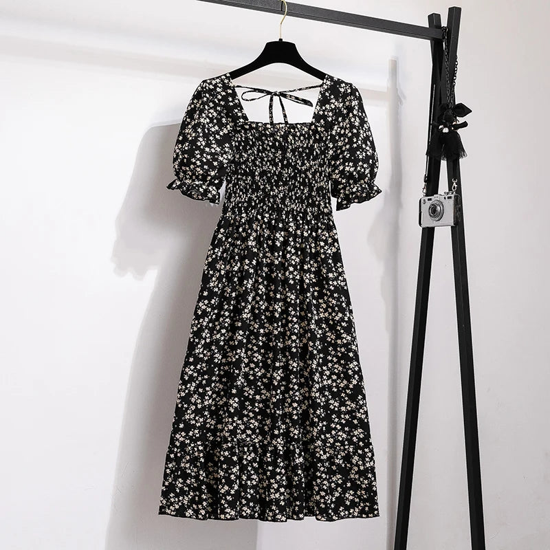 Vestido Feminino Chiffon Primavera Verão – Manga Curta, Cintura Elástica e Saia Plissada