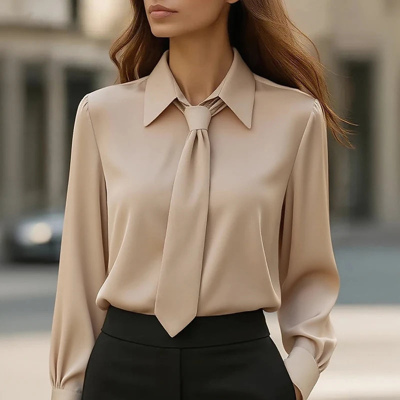 Blusa Feminina Elegante 2025 – Manga Longa com Laço, Moda Escritório