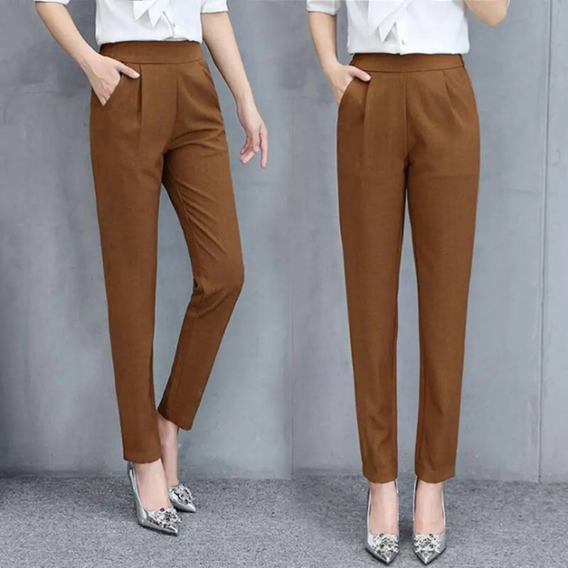 Calça Lápis Feminina Casual – Cintura Alta, 9/10 Comprimento, Cor Lisa