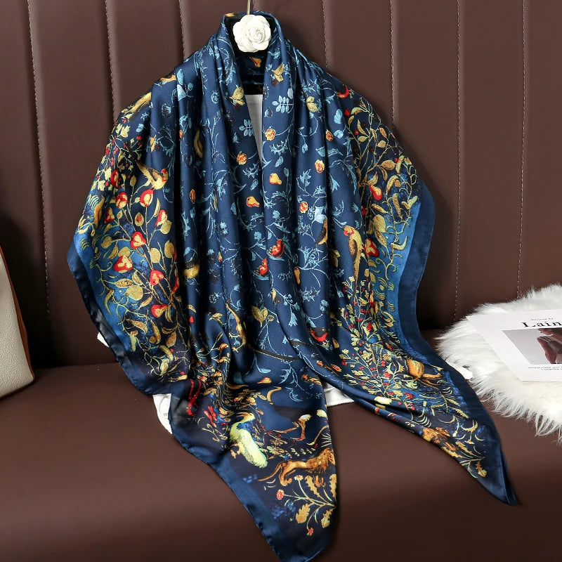 Lenço Grande de Seda 110cm – Echarpe Feminina Estampada, Hijab, Bandana, Foulard e Acessório de Praia