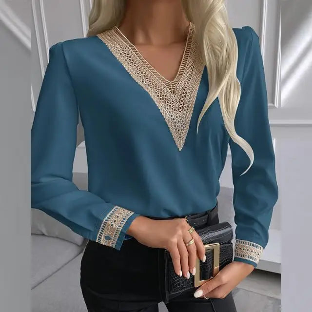 Camisa Feminina Elegante em Renda – Decote V, Manga Longa e Estilo Casual de Outono  Design elegante com decote em V, perfeito para looks sofisticados  Detalhes em renda, adicionando charme e delicadeza  Manga longa, ideal para conforto e estilo casual