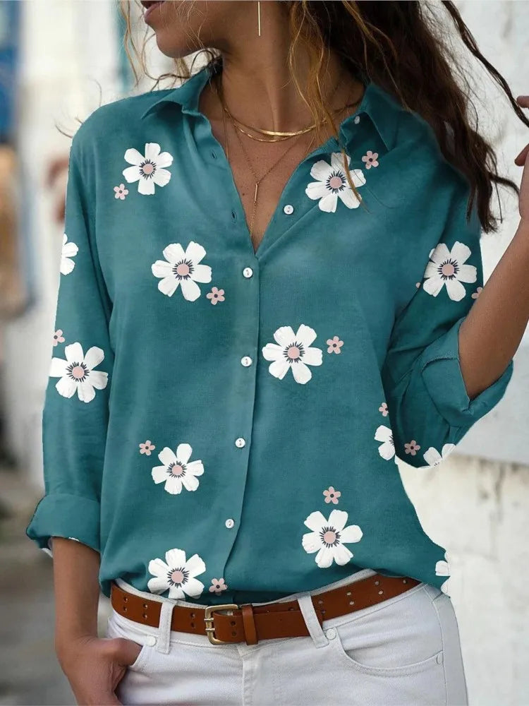 Camisa feminina leve e confortável para primavera e verão, com estampa floral, gola lapela e mangas longas. Modelo slim fit com botões frontais, ideal para looks casuais elegantes, trabalho ou passeios diários.