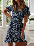 Vestido Feminino Boho – Estampa Floral, Babados, Decote em V, Manga Curta