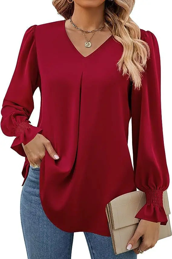 Blusa Feminina de Chiffon – Manga Longa Flare – Decote V – Office Lady Elegante