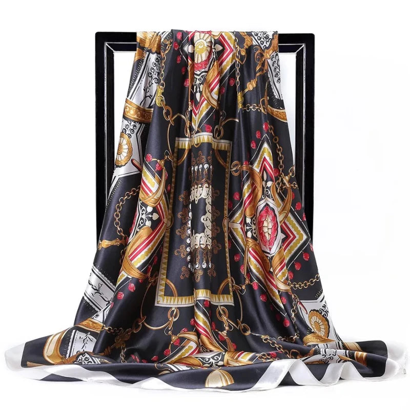 Lenço Quadrado Feminino 90x90cm – Cetim Toque de Seda, Estampado Fashion, Echarpe/Scarf/ Bandana de Luxo