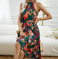 Vestido Feminino 2025 – Verão, Estampa Floral, Halter, Sem Manga, Cintura Alta com Detalhes de Amarração, Saia Plissada, Fashion, Casual, A-Line, Midi.