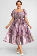 Vestido Midi Plus Size Flycurvy Roxo com Estampa Floral e Mangas Babado