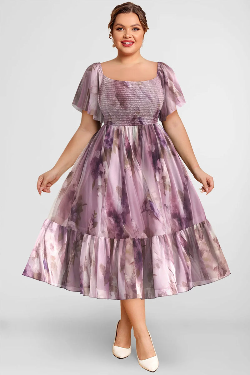 Vestido Midi Plus Size Flycurvy Roxo com Estampa Floral e Mangas Babado