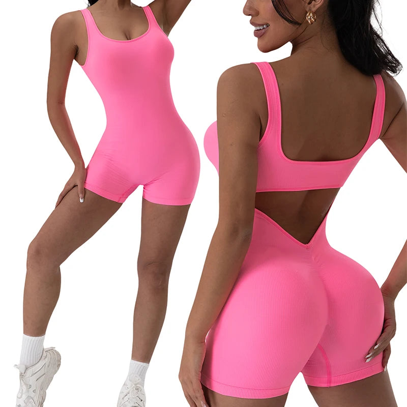 Macacão Fitness Feminino Sem Costas U-Neck – Yoga e Treino, Sem Bojo, Cor Lisa