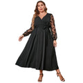 Vestido Plus Size Feminino Manga Longa com Amarração – Elegante, Bordado em Renda e Tule, Cinto, Cintura Alta, Midi.
