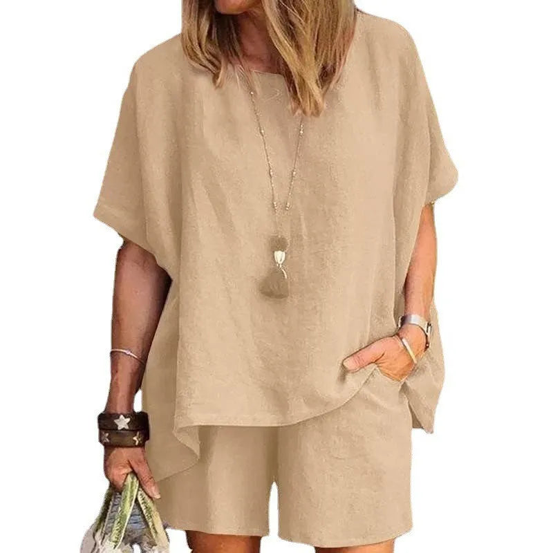 Conjunto Feminino Casual de Verão 2024 – 2 Peças: Blusa de Manga Curta + Shorts de Perna Larga, Camisa e Shorts em Algodão e Linho